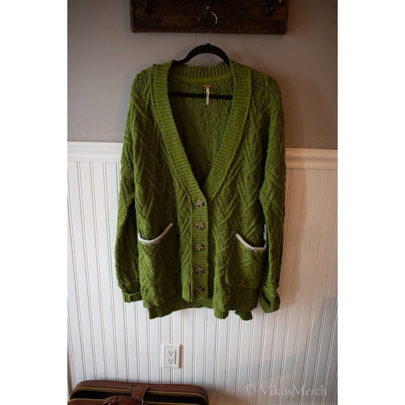 SALE Free People Montana Cable Cardi Sweater Green XS - Picture 3 of 5